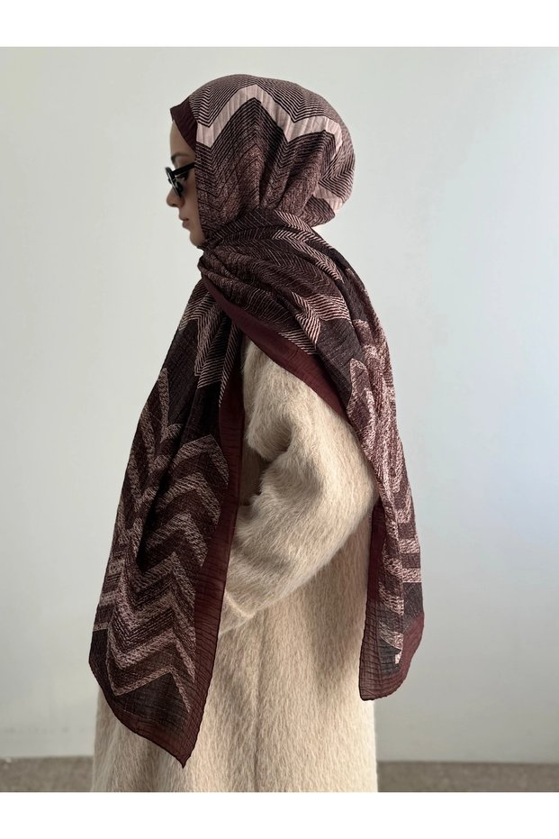 Zigzag Pattern Muslin Shawl - Chestnut