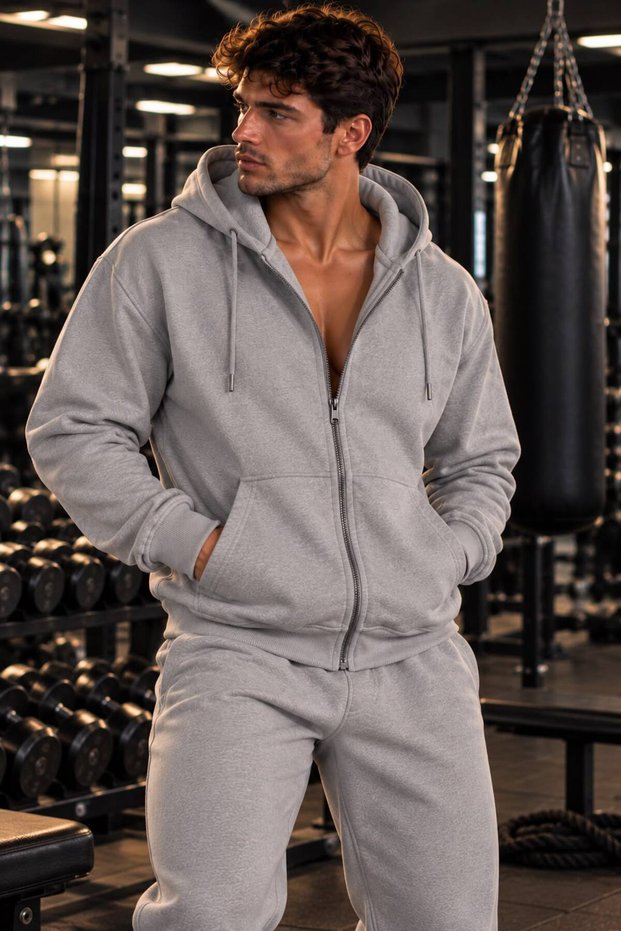 Hirka Men's Zippered Hooded Jacket with Kangaroo Pocket, Oversize, Medium Thickness, Winterwear