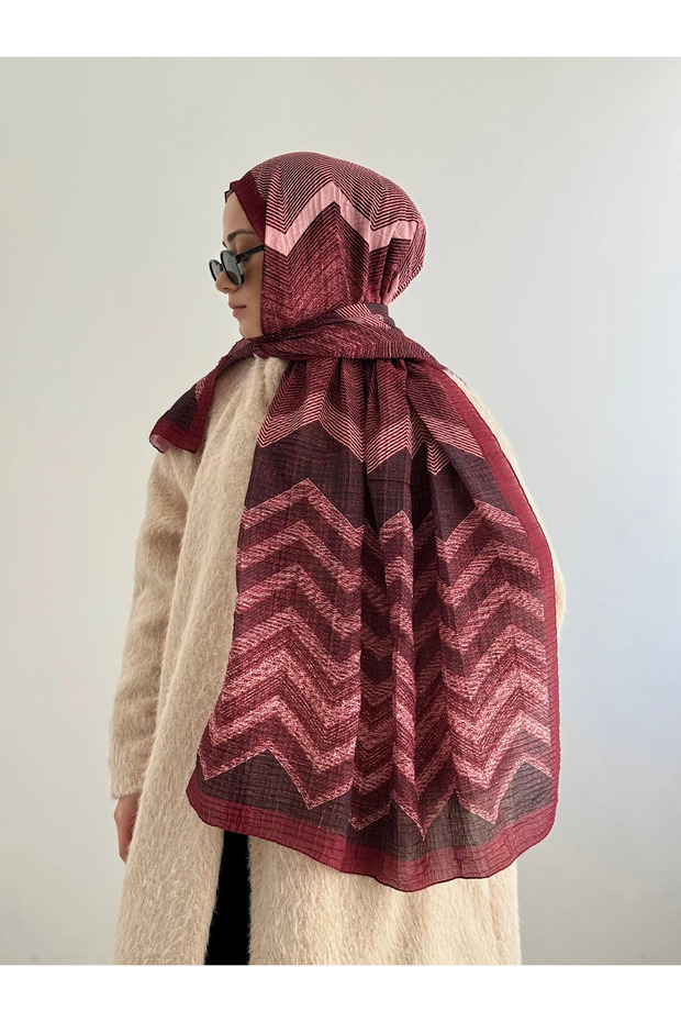 Zigzag Patterned Muslin Shawl - Burgundy