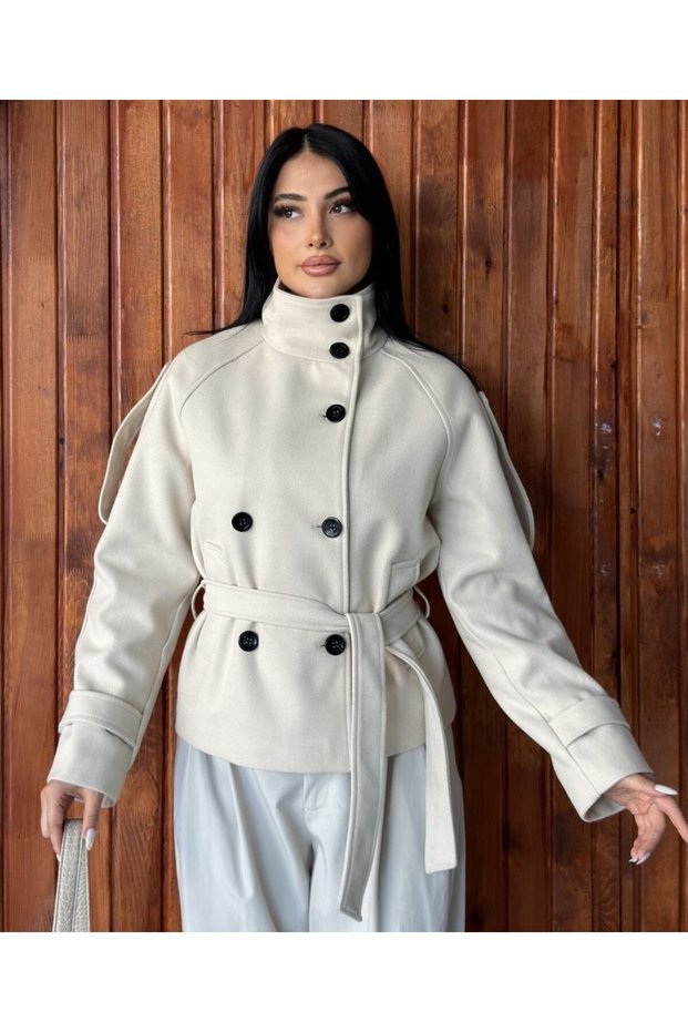 Women's High Collar-Stand Collar Detailed Belted Lined Zr Model Short Cashmere Coat Jacket