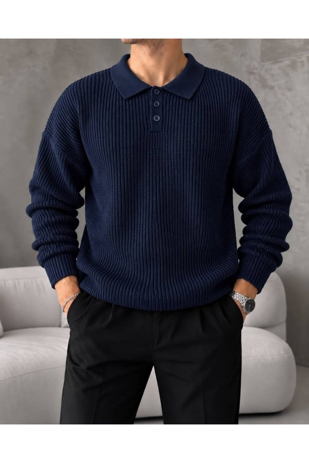 Arco Premium Textured Knitwear Buttoned Polo Collar Long Sleeve Men's Sweater