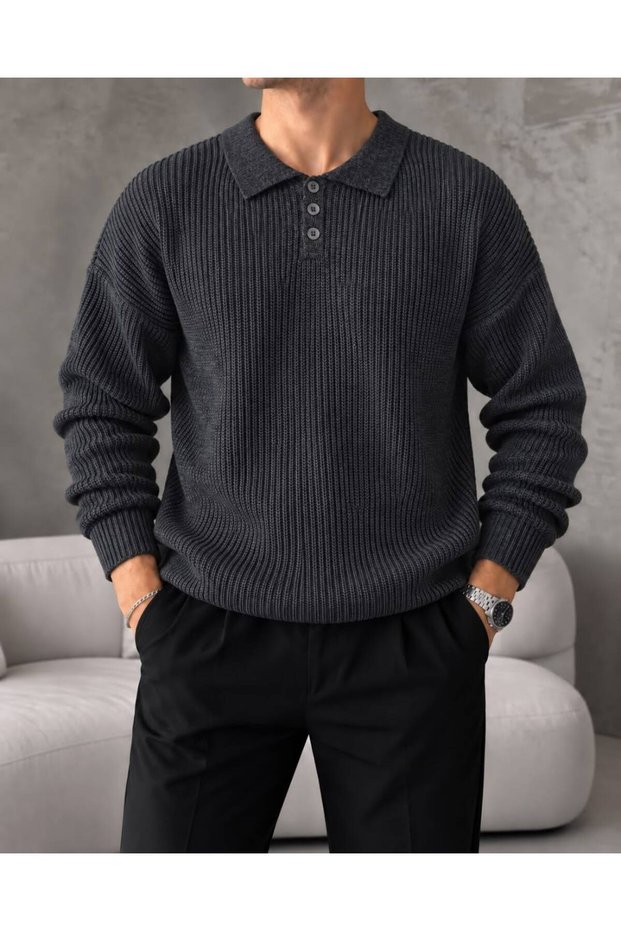Arco Premium Textured Knitwear Buttoned Polo Collar Long Sleeve Men's Sweater