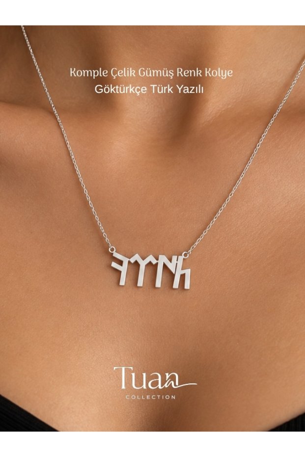 Complete Steel Göktürk Turkish Written Steel Necklace Turkish Written Necklace Silver Color