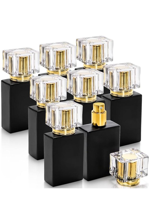 8 عبوات 30 مل / 1 أونصة. زجاجات عطر سوداء قابلة لإعادة التعبئة، زجاجات عطر زجاجية فارغة مربعة الشكل محمولة