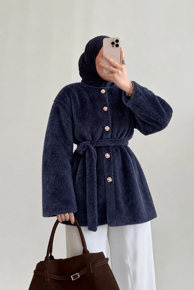 Gold Buttoned Coat - 4531 - Navy Blue