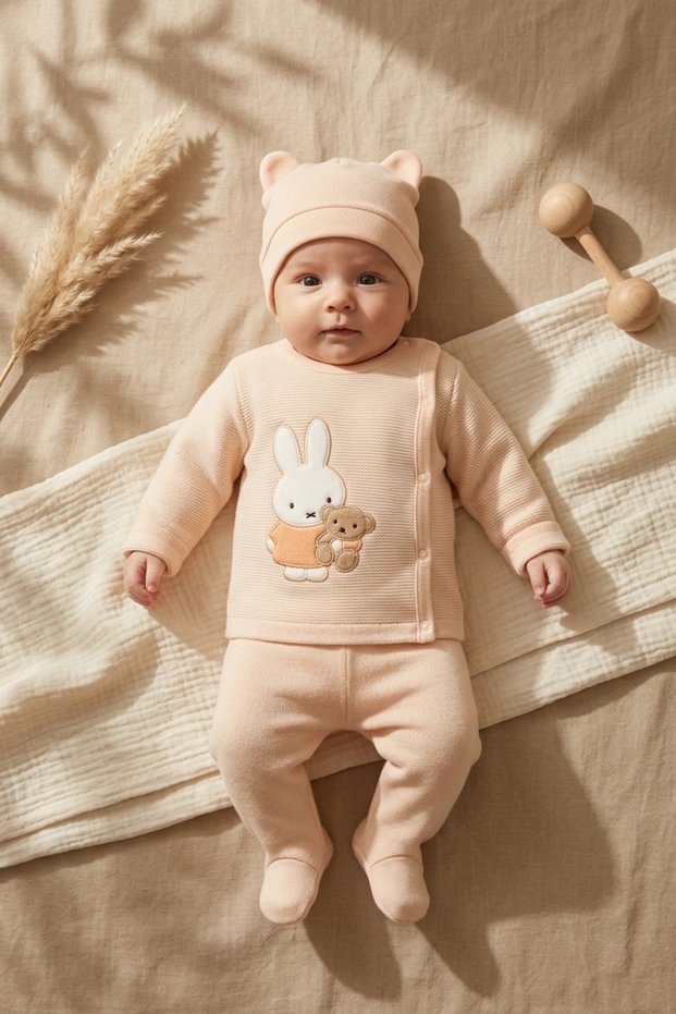 Premium Waffle Knit 3-Piece Baby Set - Rabbit Embroidered Double-Breasted Top, Booties, and Eared Beanie - Somo