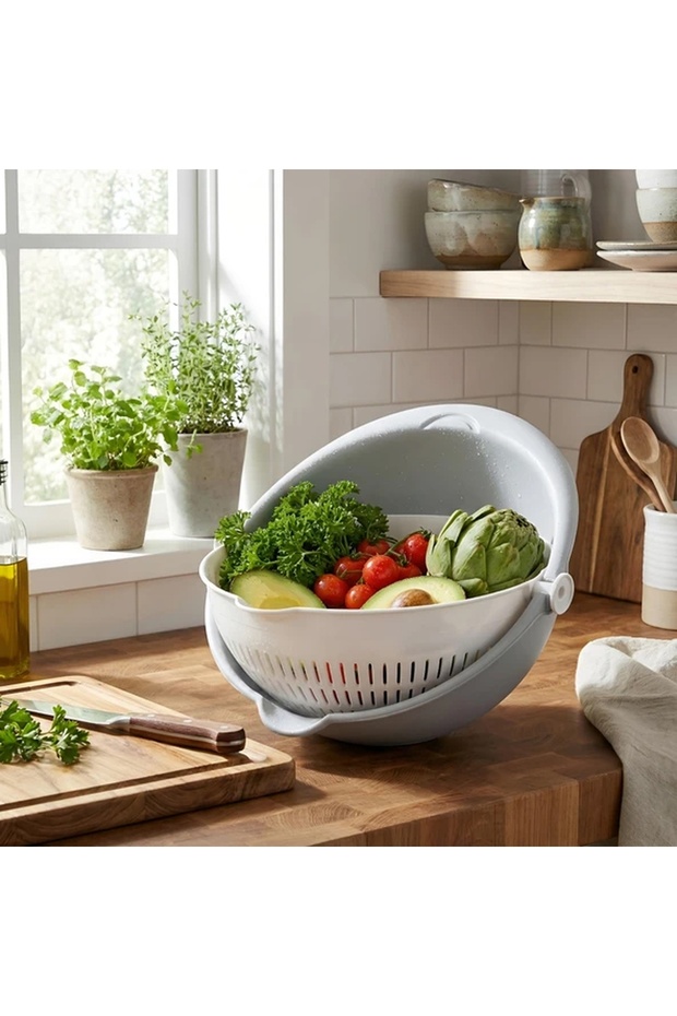 Washing Bowl with Rotating Strainer - Large Size Fruit and Vegetable Strainer with Smart Balance System 