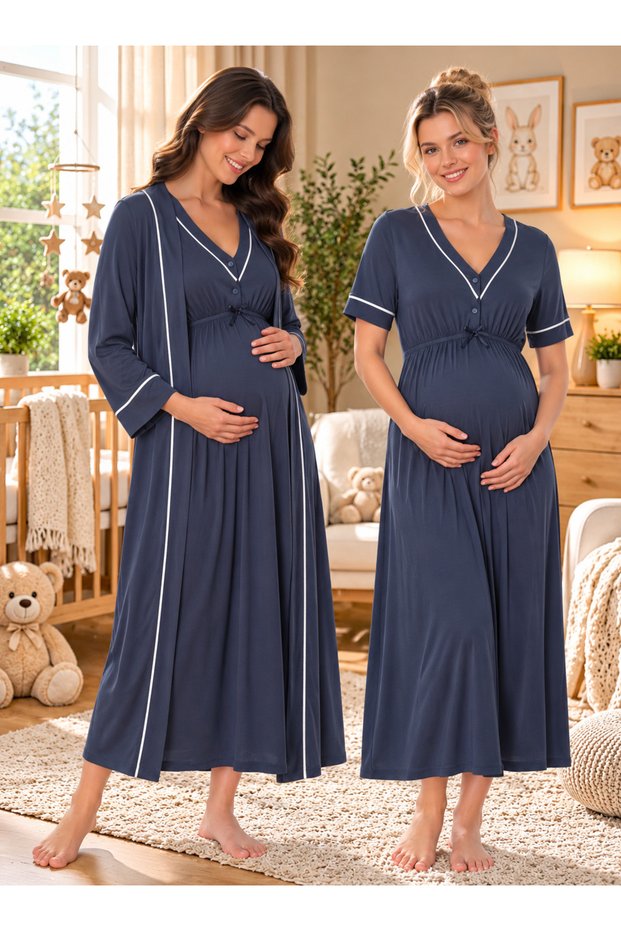 Cotton V-Neck Maternity Long Dressing Gown Nightgown Set 2 Pieces Effortt