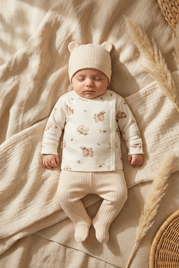Cotton Koala Patterned Baby Kimono Set - Ribbed Booties and Eared Beanie 3-Piece Set - Beige