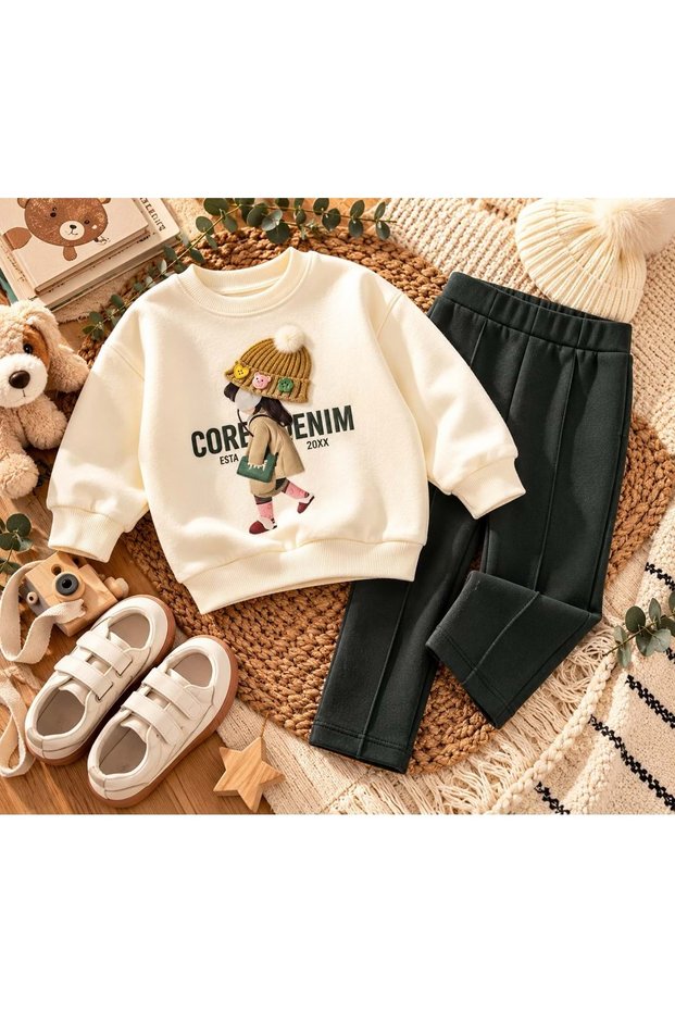 Girl's Appliqued Beanie Detail Accessory Printed Sweatshirt and Sweatpants Top and Bottom Set - Shiny