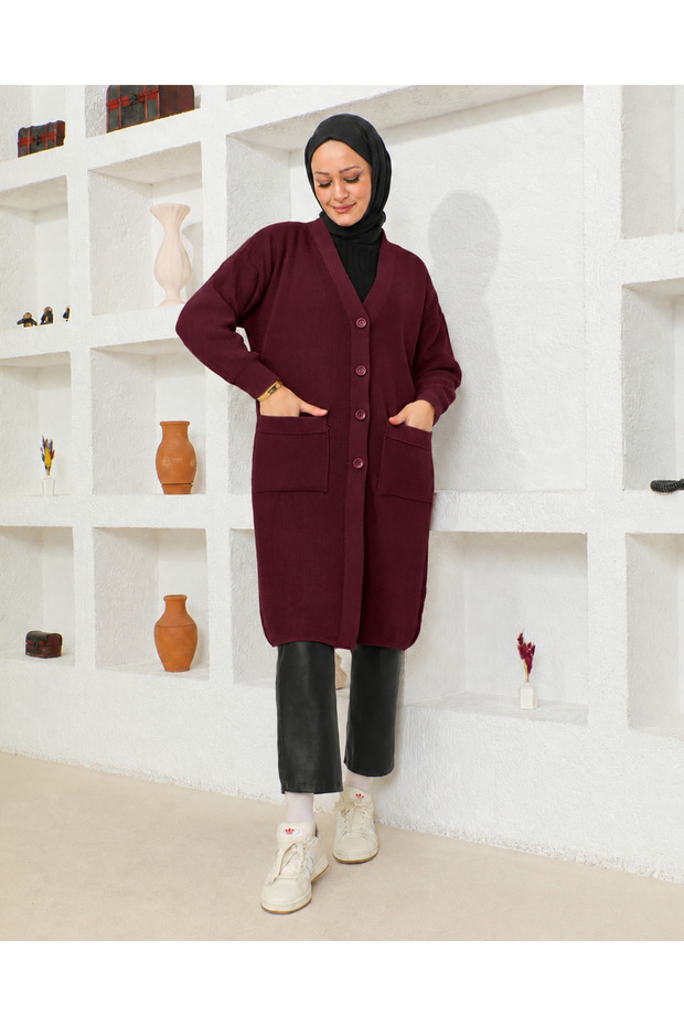 V-Neck Buttoned Pocketed Long Knit Cardigan