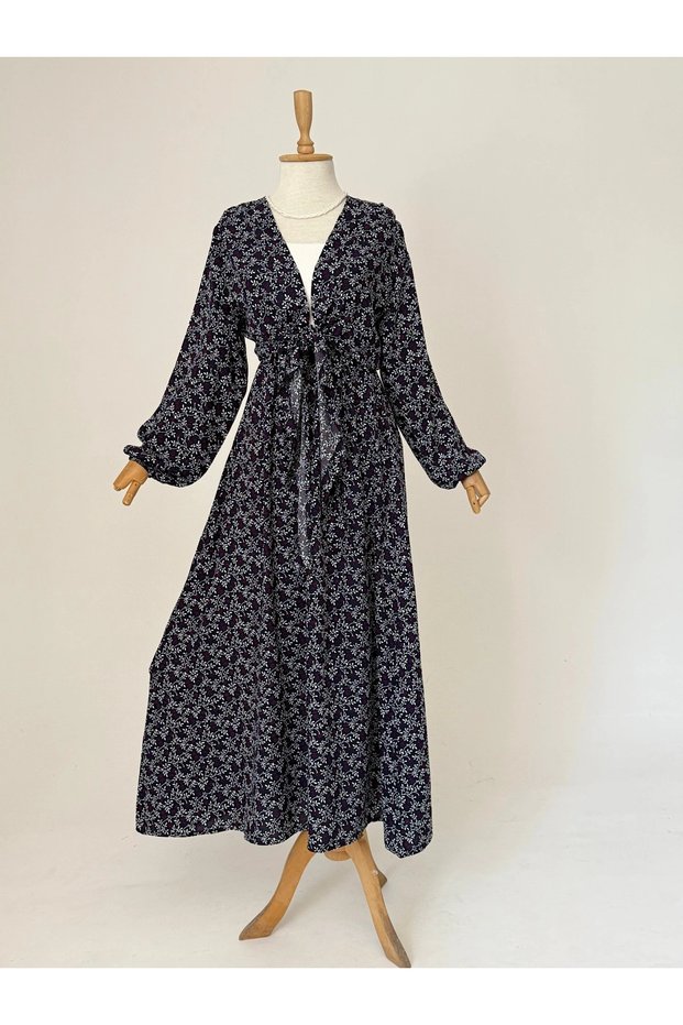Balloon Sleeve Front Tie Branch Patterned Skirt Set - Navy Blue