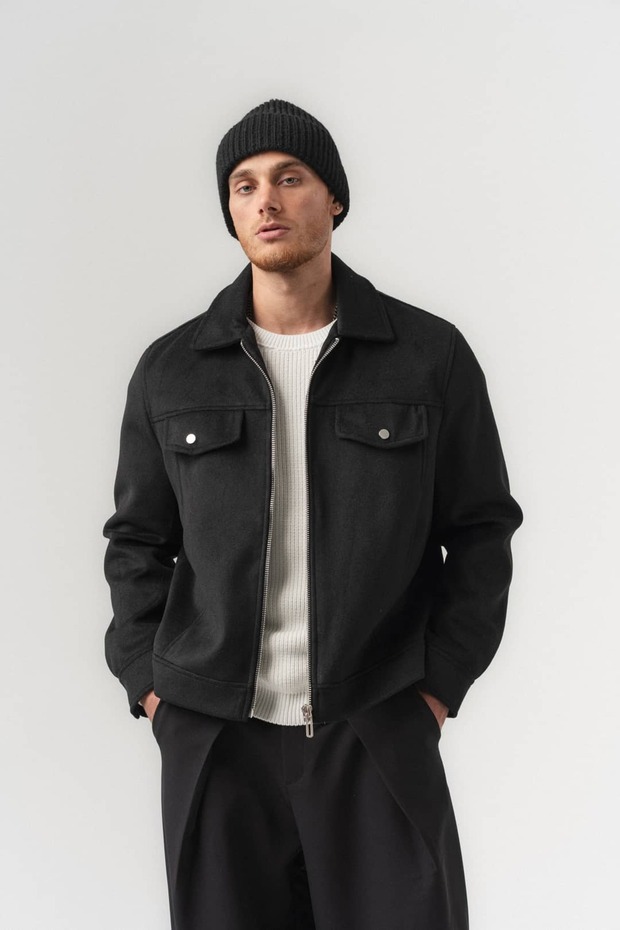 Kashlock Collared Cashmere Fabric Zipper Snap Closure Pocket Detailed Men's Coat