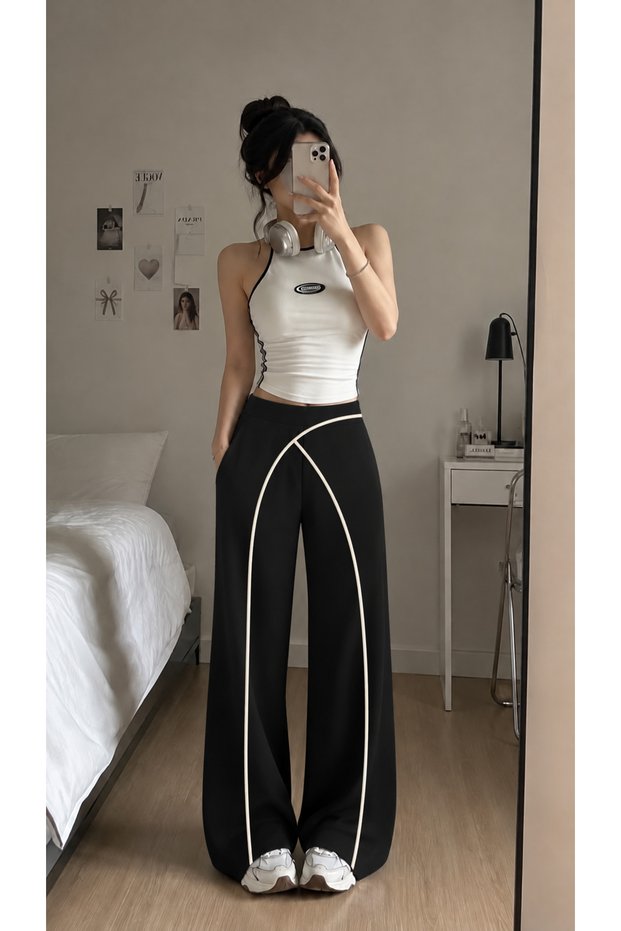 Women's High Waist Contrast Piping Wide Leg Flowy Long Palazzo Pants