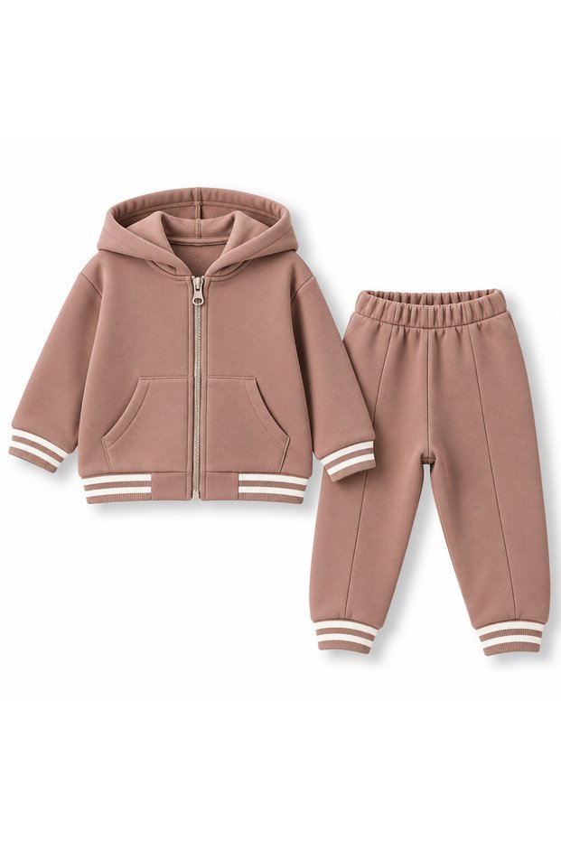 Boys' Hooded Zippered 2-Piece Tracksuit Set Striped Ribbed Cardigan and Pants 1-2-3-4 Years Old