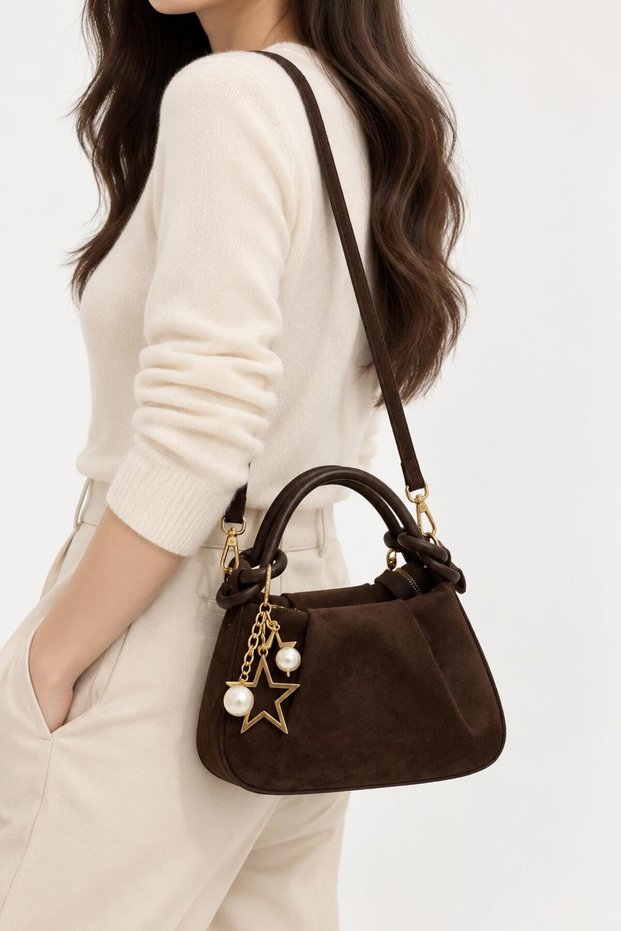 Suede Leather Medium Size Shoulder and Crossbody Bag with Star Accessories and Long Strap (Length 13 cm Width 24 cm Bottom 9 cm)