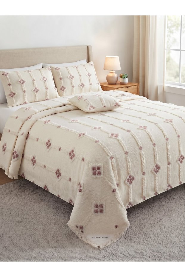 Wedding Home Double Luxury Powder Detailed Jacquard Tassel Bedspread Set 