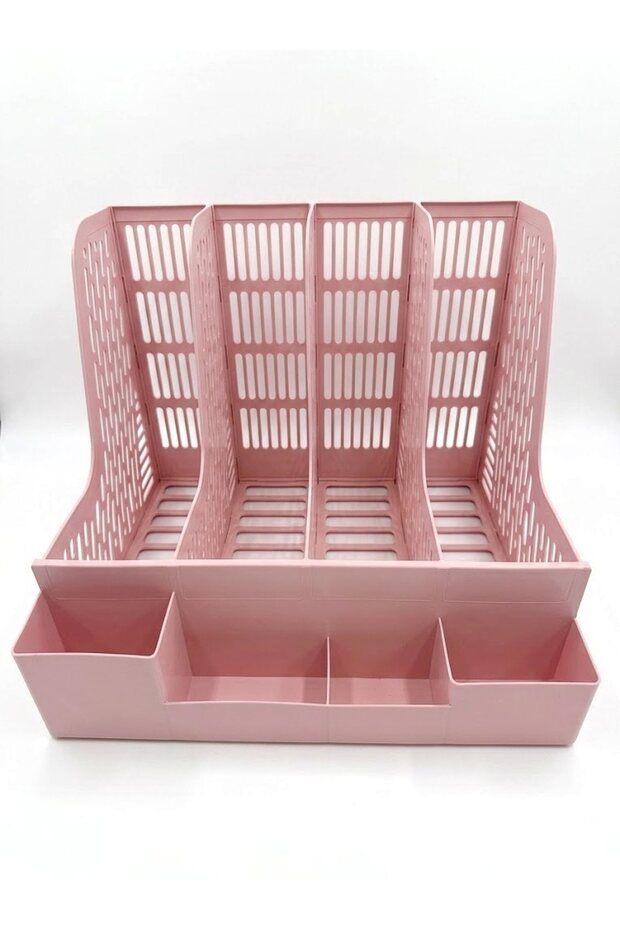 4 Compartment Plastic Magazine Holder with Pen Holder Desktop File Organizer Pink