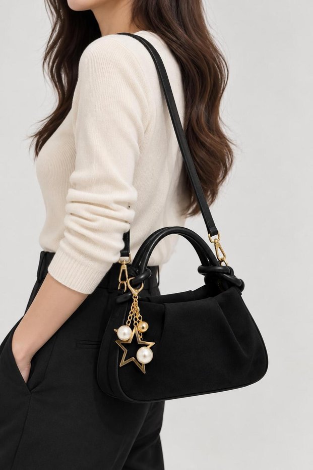 Suede Leather Medium Size Shoulder and Crossbody Bag with Star Accessories and Long Strap (Length 13 cm Width 24 cm Bottom 9 cm)