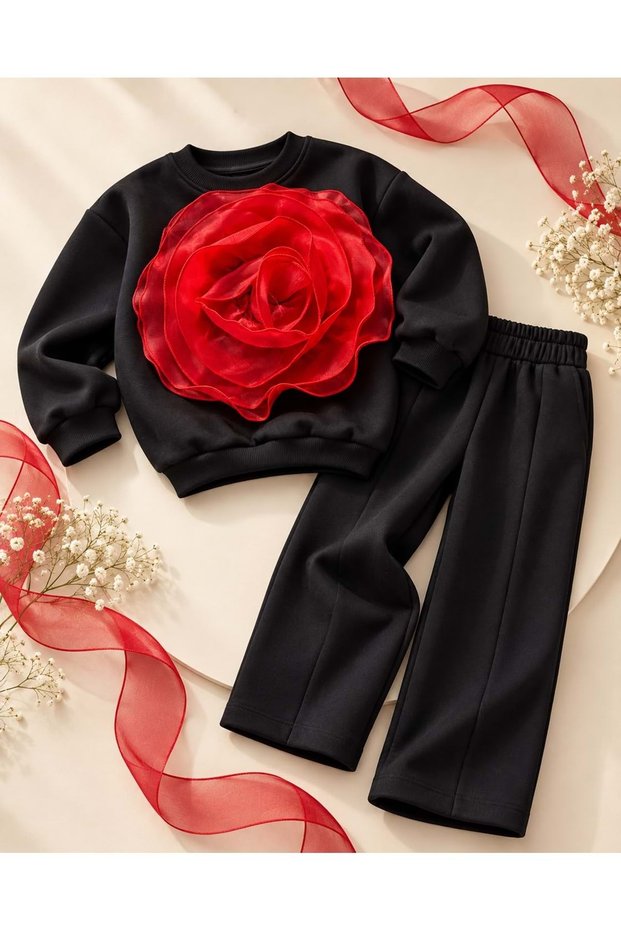 Girl's Red Organza Rose Appliqué Detailed Tracksuit Set 2 Pieces