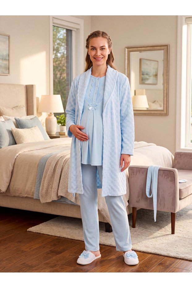 New Season Blue Winter Jacquard Shawl Collar Button Detailed Design Long Sleeve Maternity Pajama Set