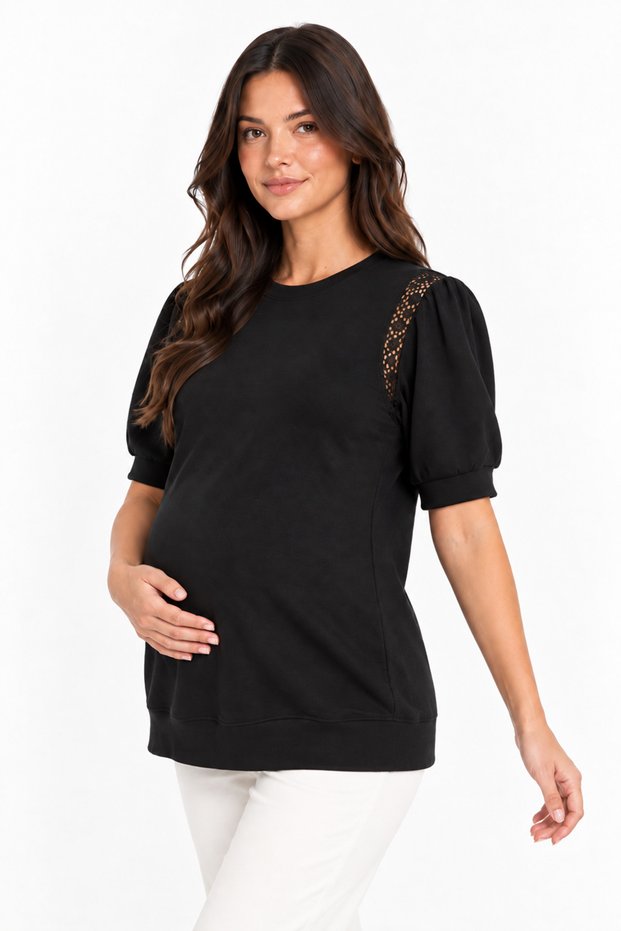 Lace Detailed Shoulder Balloon Sleeve Crew Neck Maternity T-Shirt