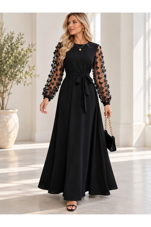 Long Dress with a Crew Neck, Butterfly Tulle Sleeves, and a Belted Waist—Maxi Dress-72529-Black -