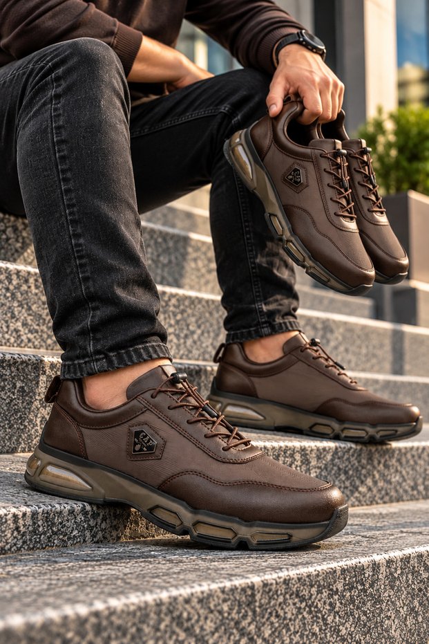 Men's Brown Sneaker Sports Shoes Thick Soled Casual Comfortable Lace-Up Model