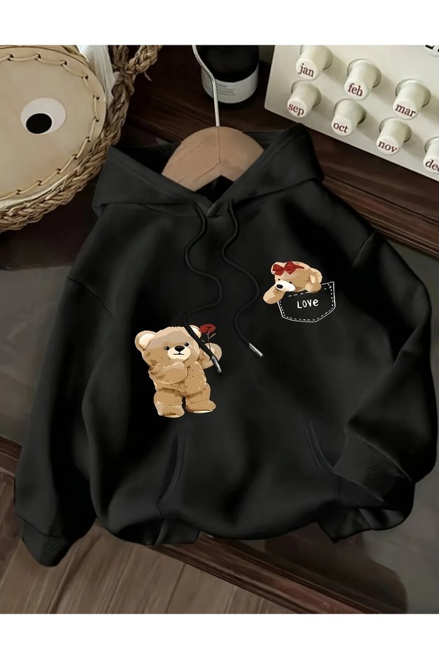 Women's Love Teddy Bear Patterned Print Hooded Sweatshirt