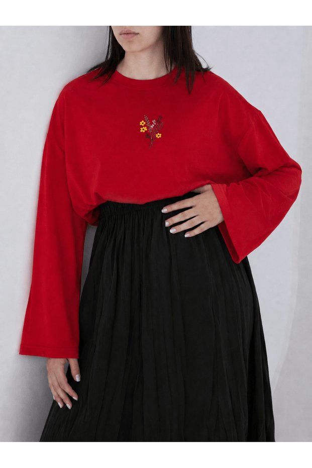 Mini Bouquet Embroidered Oversize Blouse - 13137 - Red