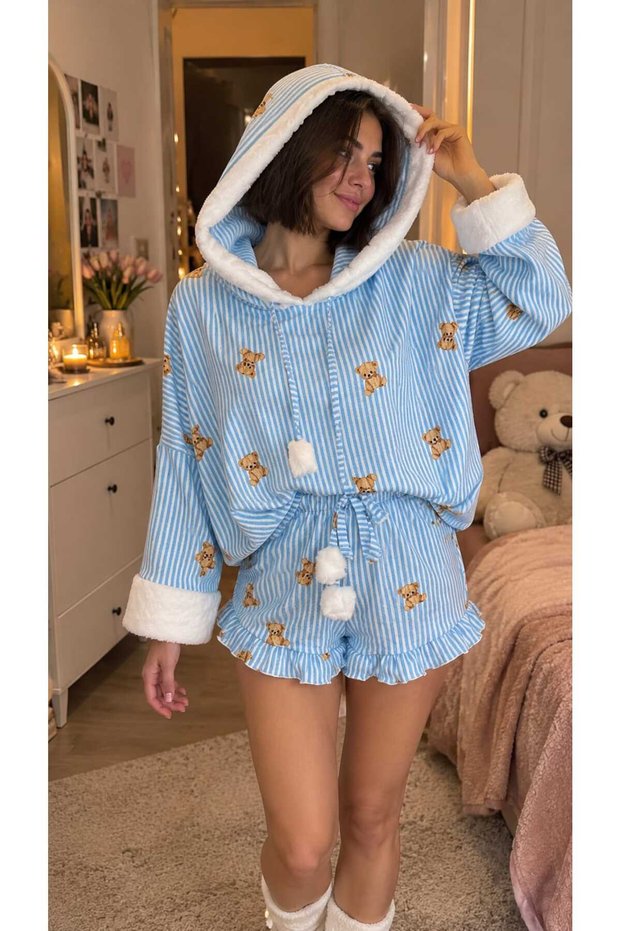 Women's Blue Striped Teddy Bear Patterned Plush Detailed Hooded Shorts Pajama Set