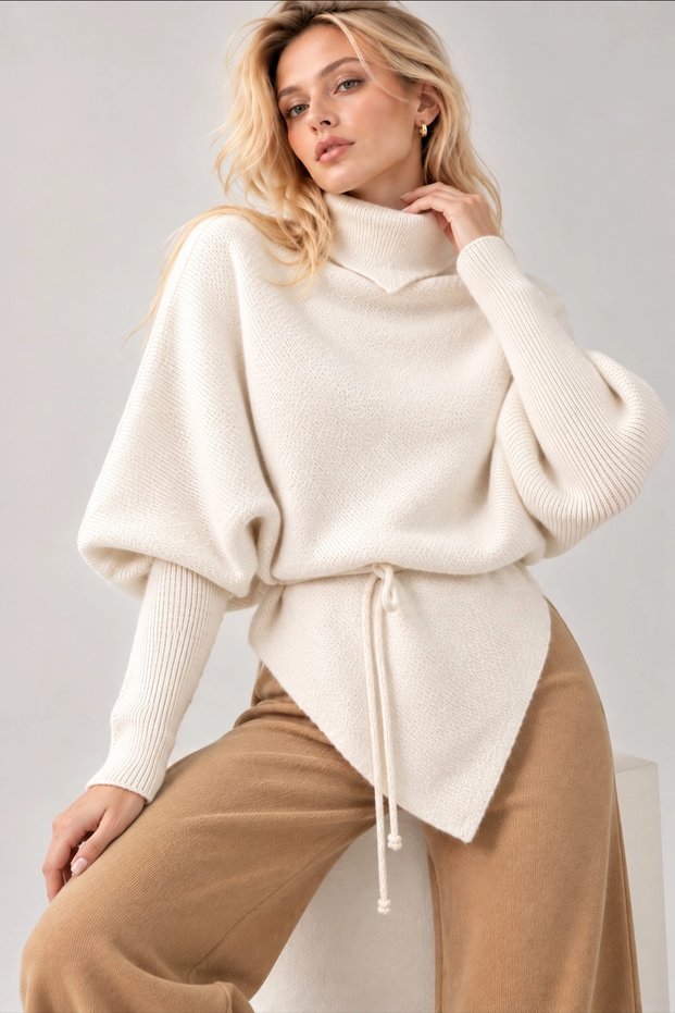 Women's Ecru Turtleneck Bat Sleeve Asymmetrical Cut Knitwear Sweater
