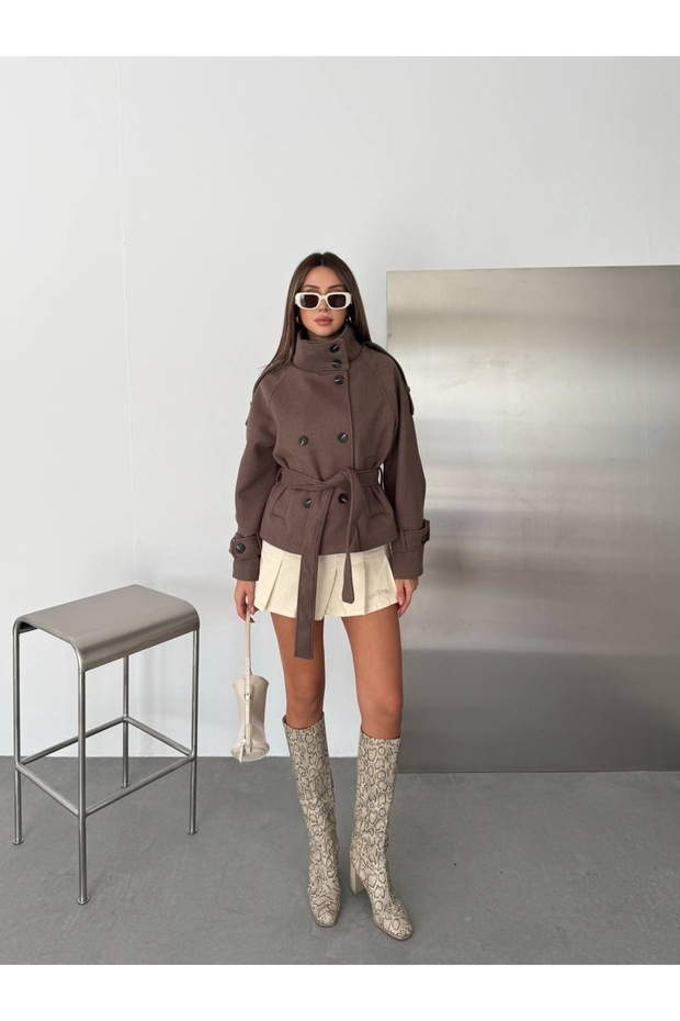 Buttoned Stand Collar Belted Jacket