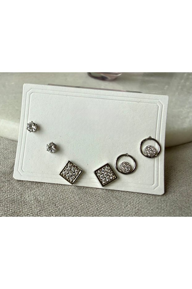 Minimal Square Silver Set Earrings