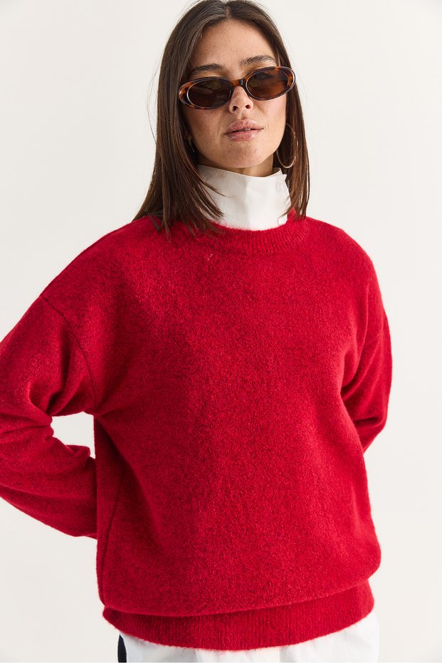 Women's Red Hooded Crew Neck Oversize Knitwear Sweater 4761 60286705