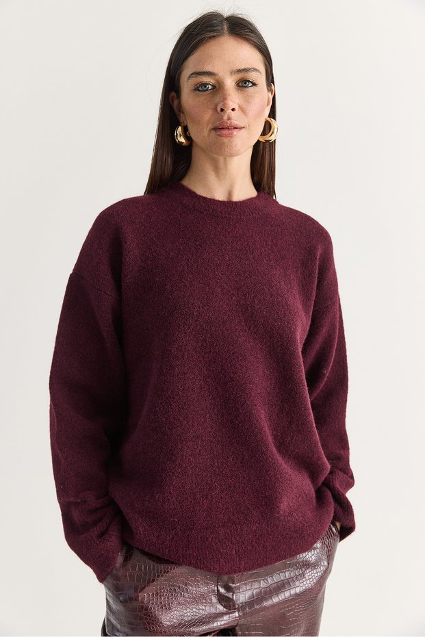Women's Burgundy Embroidered Crew Neck Oversize Knitwear Sweater 4761 60286705