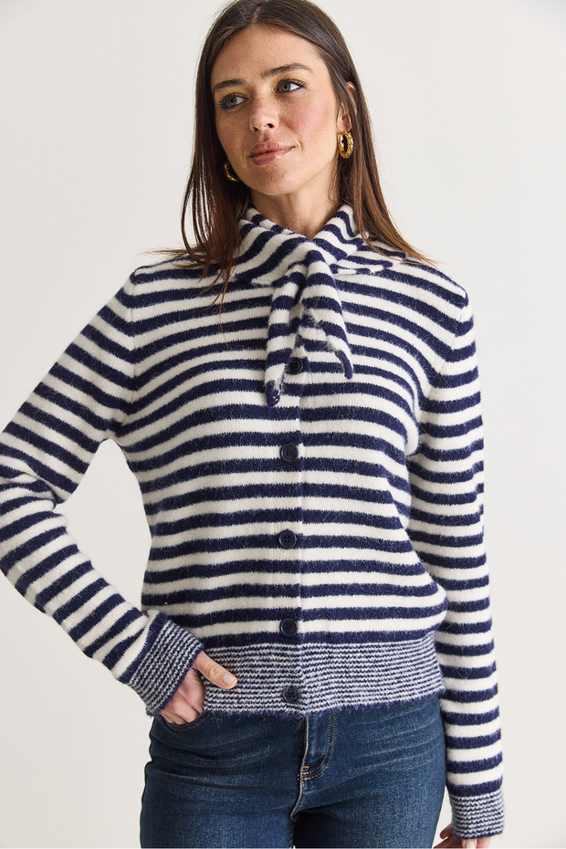 Women's Ecru-Navy Blue Striped Scarf Collar Buttoned Knitwear Cardigan 5242 60286706