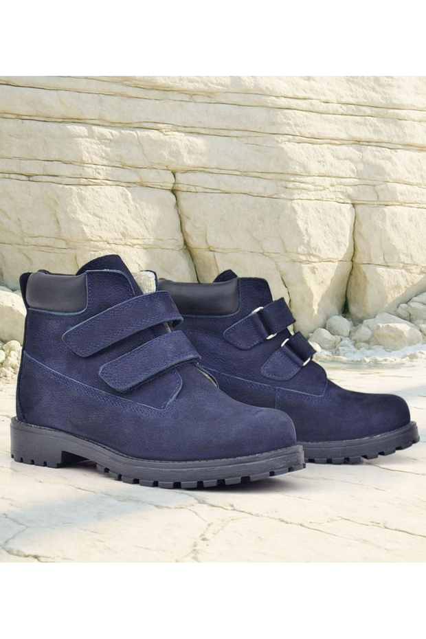 Rakerplus Neson 9055-Ln Navy Blue Nubuck 100% Genuine Leather Velcro Unisex Baby Kids Boots