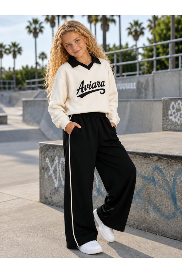 Girl's Polo Collar Sweatshirt and Wide Leg Pants 2-Piece Set - 3 Yarns Without Embossing Printed