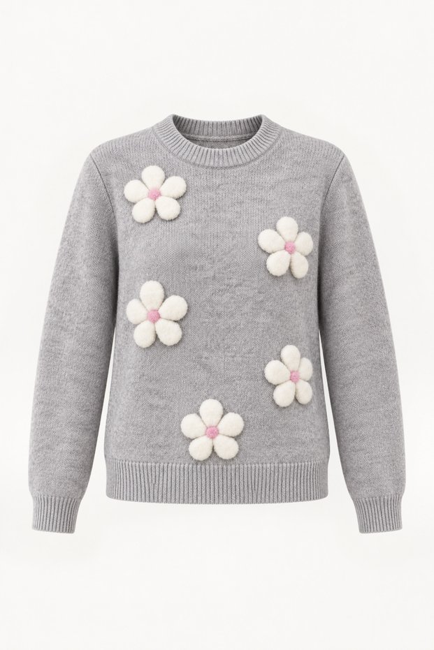 Women's Gray Melange Crew Neck Three-Dimensional Floral Appliqué Knitwear Sweater