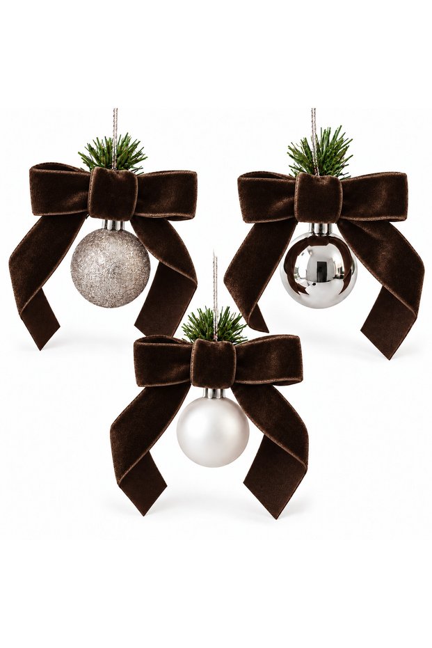 Set of 3 Brown Velvet Bow Christmas Balls – Christmas and Pine Tree Hanging Ornament Decorative Christmas Ornament
