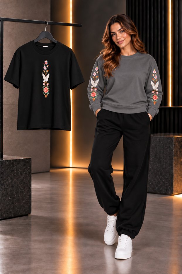 Zero Collar Shardon T-Shirt Track Suit 3-Piece Combination Swan Printed Women's / Girls' Model