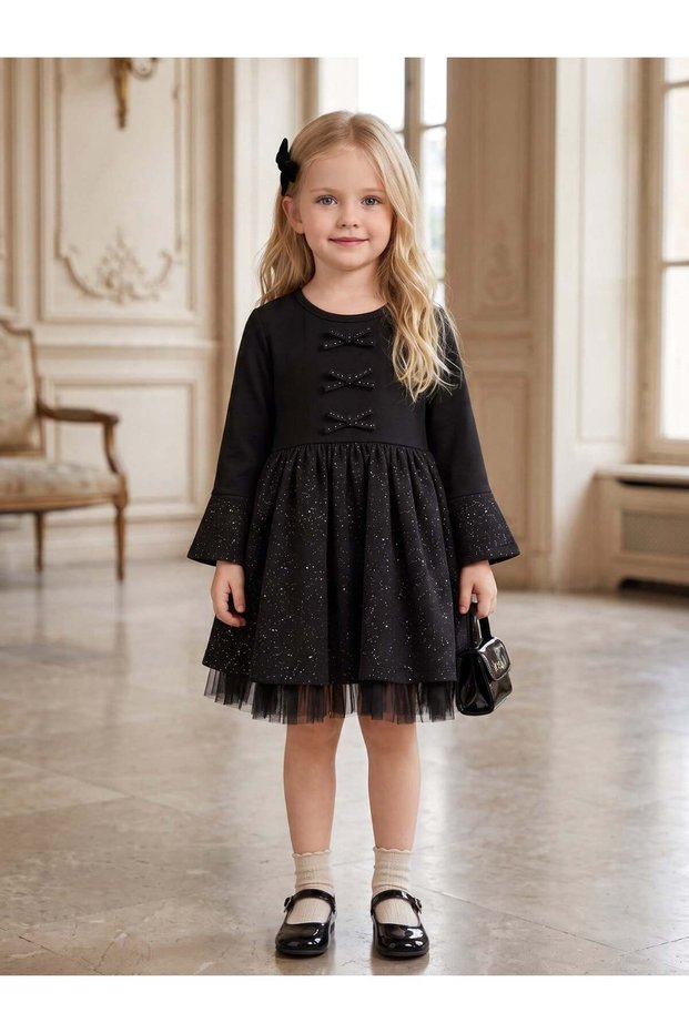 Girl's Glittery Bow Detailed Tulle Dress