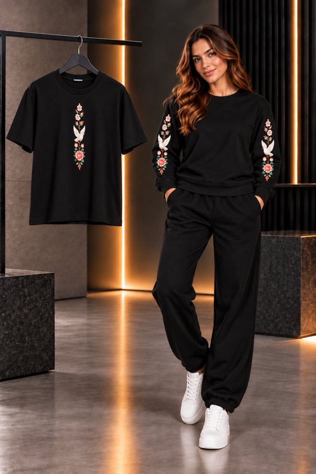 Zero Collar Shardon T-Shirt Track Suit 3-Piece Combination Swan Printed Women's / Girls' Model