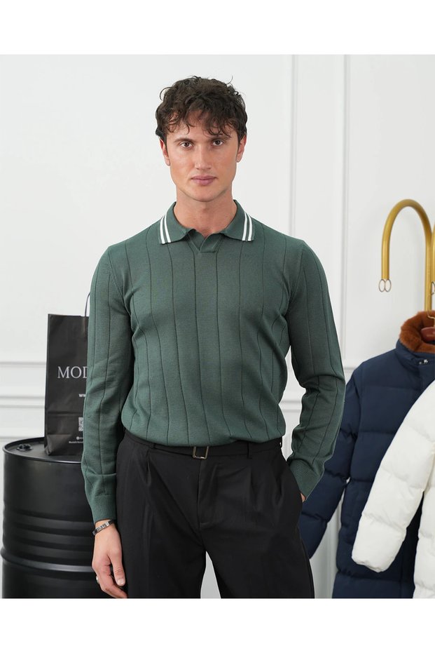 Cotton Lycra Slim Fit Cut-Off Collar Vertical Wide Line and Collar Stripe Detailed Knitwear Sweater
