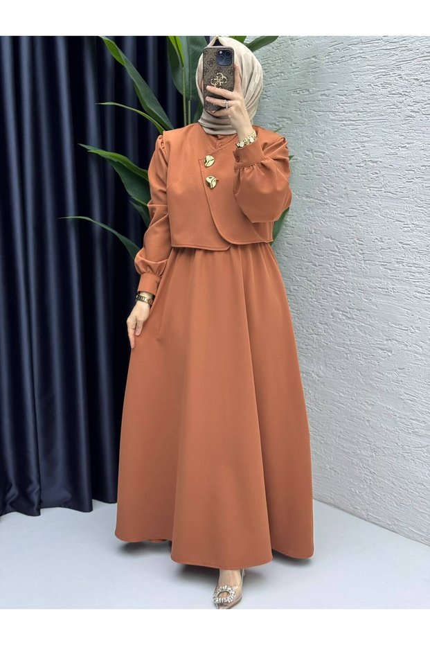 Women's Modest, Chic, and Elegant Double Crepe Fabric Terracotta Color Dress