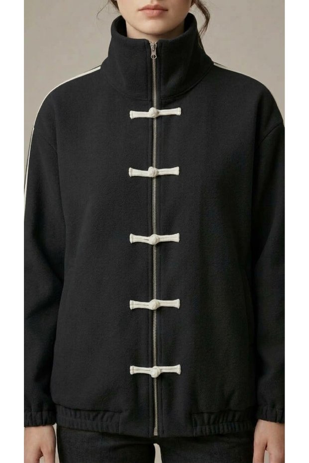 Women's Slim Cashmere Zippered Jacket with Chinese Buttons and Ribbon Detail