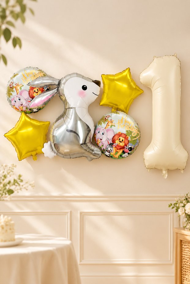 1 Year Old Silver Rabbit Foil Balloon Set of 5 and Number Balloon Safari Theme Balloon Set Set41