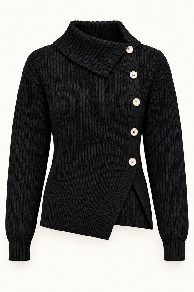 Women's Black Asymmetrical Collar Side Buttoned Ribbed Knit Sweater