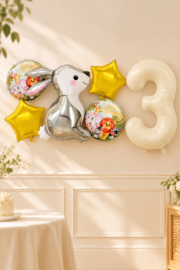3 Year Old Silver Rabbit Foil Balloon Set of 5 and Number Balloon Safari Theme Balloon Set Set41 3 Year Old